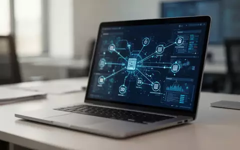 Ein moderner Arbeitsplatz mit einem Laptop, auf dem abstrakte Datenströme und Serverstrukturen in einer professionellen Büroumgebung zu sehen sind. - Foto: über boerse-global.de