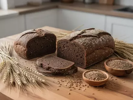 Verschiedene Roggenvollkornprodukte und Roggenähren auf einem Holztisch in einer hellen Küche. - Foto: über boerse-global.de