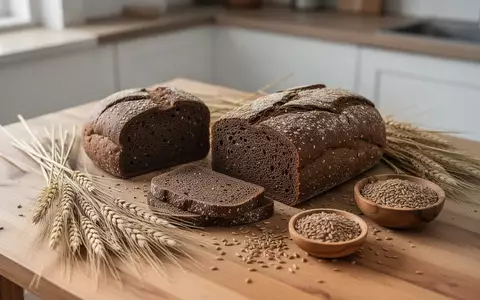 Verschiedene Roggenvollkornprodukte und Roggenähren auf einem Holztisch in einer hellen Küche. - Foto: über boerse-global.de