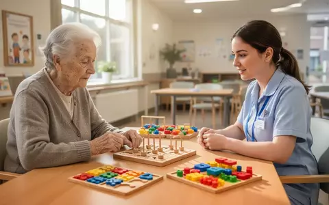 Eine ältere Person und eine Betreuungsperson sitzen an einem Tisch und lösen gemeinsam ein kognitives Gedächtnisspiel. - Foto: über boerse-global.de