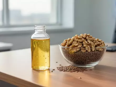 Eine Nahaufnahme einer Flasche mit Omega-3-Öl und einer Schale mit Walnüssen auf einem Schreibtisch in einer Arztpraxis. - Foto: über boerse-global.de