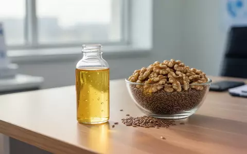 Eine Nahaufnahme einer Flasche mit Omega-3-Öl und einer Schale mit Walnüssen auf einem Schreibtisch in einer Arztpraxis. - Foto: über boerse-global.de