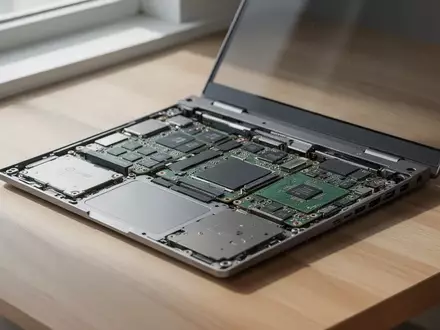 Ein teilweise geöffnetes, modulares Laptop auf einem Schreibtisch, das die austauschbaren Komponenten zeigt. - Foto: über boerse-global.de