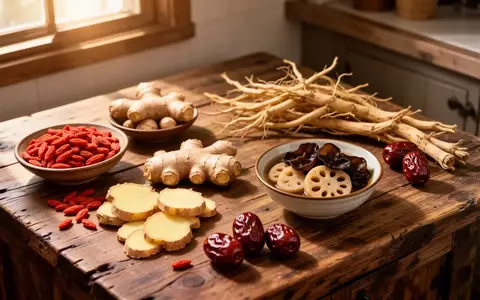 Traditionelle Zutaten der chinesischen Medizin wie Ingwer, Goji-Beeren und Lotuswurzel auf einem Holztisch. - Foto: über boerse-global.de