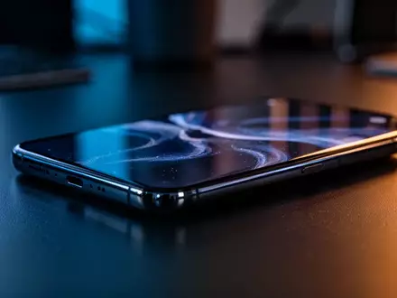 Ein modernes Smartphone liegt auf einem dunklen Schreibtisch in einer professionellen Büroumgebung bei gedimmtem Licht. - Foto: über boerse-global.de