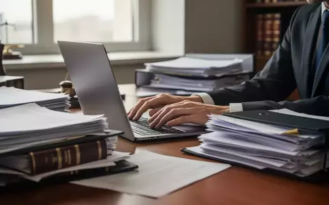 Ein Schreibtisch in einem Anwaltsbüro mit Papierakten und einem Laptop, das die Schnittstelle zwischen analoger und digitaler Arbeit symbolisiert. - Foto: über boerse-global.de