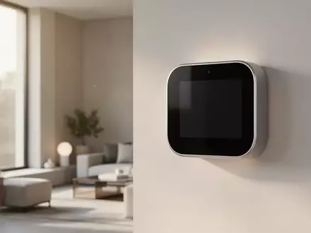 Ein quadratisches Smart-Home-Display an einer modernen Wohnzimmerwand in einer hellen, minimalistischen Umgebung. - Foto: ĂĽber boerse-global.de