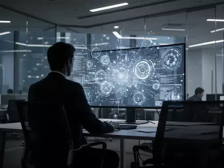 Eine Person sitzt allein an einem Schreibtisch vor einem hell leuchtenden Computerbildschirm in einem modernen Büro. - Foto: über boerse-global.de