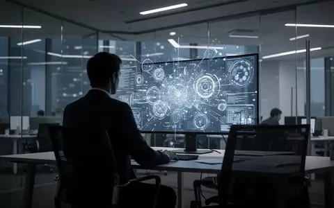 Eine Person sitzt allein an einem Schreibtisch vor einem hell leuchtenden Computerbildschirm in einem modernen Büro. - Foto: über boerse-global.de
