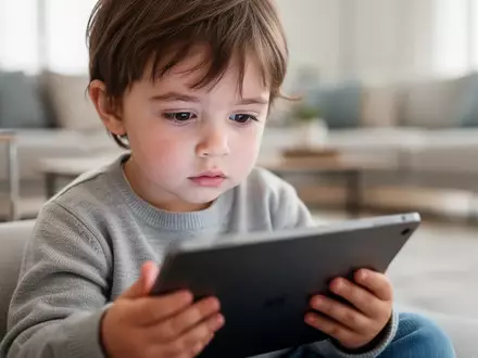 Ein Kind betrachtet konzentriert ein Tablet in einer modern eingerichteten Wohnumgebung, wobei der Fokus auf dem Schutz des Kindes im digitalen Raum liegt. - Foto: über boerse-global.de
