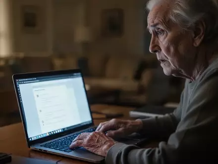 Eine besorgt wirkende ältere Person sitzt vor einem Laptop in einem schwach beleuchteten Raum. - Foto: über boerse-global.de