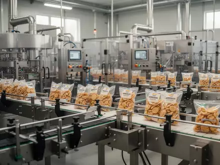 Moderne Produktionsanlage in einem Lebensmittelbetrieb mit Förderbändern und verpackten Waren. - Foto: über boerse-global.de