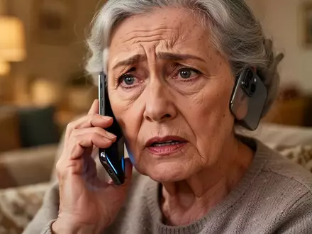 Eine ältere Frau hält besorgt ein Smartphone am Ohr in einem gemütlich eingerichteten Wohnzimmer. - Foto: über boerse-global.de