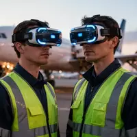 Ein Bodenmitarbeiter am Flughafen trägt eine VR-Brille zur Schulung auf einem Rollfeld mit Flugzeug im Hintergrund. - Foto: über boerse-global.de