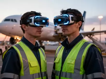 Ein Bodenmitarbeiter am Flughafen trägt eine VR-Brille zur Schulung auf einem Rollfeld mit Flugzeug im Hintergrund. - Foto: über boerse-global.de
