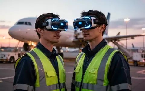 Ein Bodenmitarbeiter am Flughafen trägt eine VR-Brille zur Schulung auf einem Rollfeld mit Flugzeug im Hintergrund. - Foto: über boerse-global.de