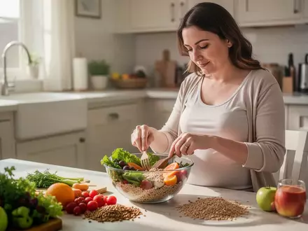 Eine schwangere Frau bereitet in einer hellen Küche eine gesunde Mahlzeit mit frischem Gemüse und Obst zu. - Foto: über boerse-global.de
