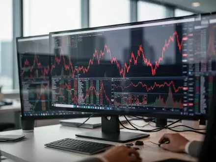 Ein verschwommener Monitor mit fallenden Aktienkursen an einem modernen Büroarbeitsplatz. - Foto: über boerse-global.de