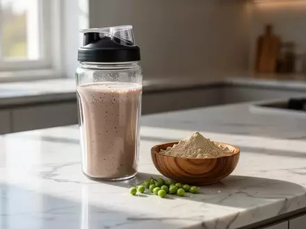 Ein Proteinshake in einem Glas und eine Schale mit pflanzlichem Proteinpulver auf einer modernen Küchenarbeitsplatte. - Foto: über boerse-global.de