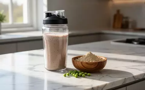 Ein Proteinshake in einem Glas und eine Schale mit pflanzlichem Proteinpulver auf einer modernen Küchenarbeitsplatte. - Foto: über boerse-global.de