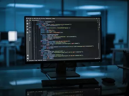 Ein beleuchteter Computerbildschirm in einem dunklen Büro zeigt Python-Programmcode, der auf einem Schreibtisch reflektiert. - Foto: über boerse-global.de