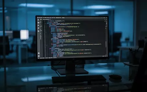 Ein beleuchteter Computerbildschirm in einem dunklen Büro zeigt Python-Programmcode, der auf einem Schreibtisch reflektiert. - Foto: über boerse-global.de