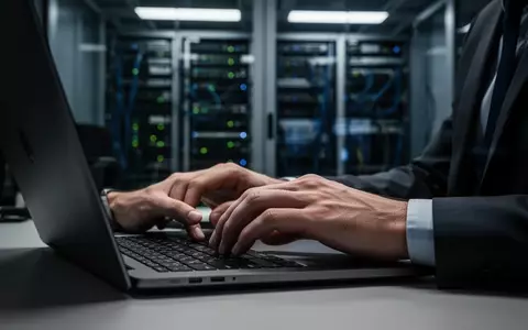 Ein IT-Experte arbeitet an einem Laptop in einem modernen Büro vor dem Hintergrund eines verschwommenen Serverraums. - Foto: über boerse-global.de