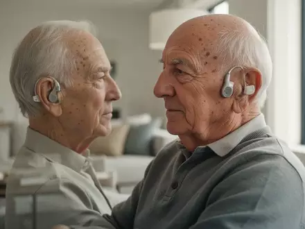 Ein älterer Mann mit einem unauffälligen Hörgerät hinter dem Ohr sitzt nachdenklich in einem hellen Wohnzimmer. - Foto: über boerse-global.de