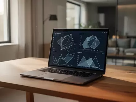 Ein moderner Laptop auf einem Schreibtisch in einem hellen Arbeitszimmer, der Datenvisualisierungen darstellt. - Foto: über boerse-global.de