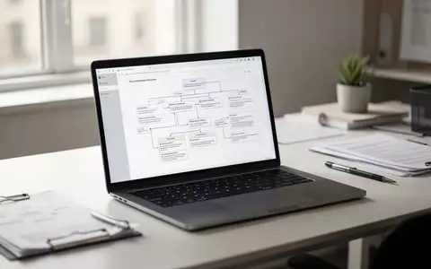 Ein moderner, aufgeräumter Arbeitsplatz mit einem Laptop, auf dessen Bildschirm komplexe Dokumentenstrukturen zu sehen sind. - Foto: über boerse-global.de