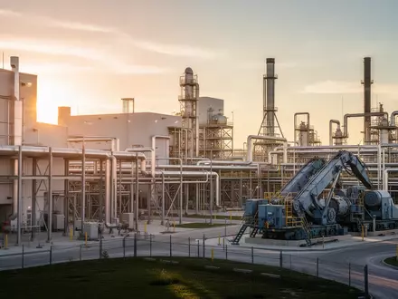 Moderne Industrieanlage zur Verarbeitung seltener Erden bei Sonnenuntergang in Louisiana. - Foto: über boerse-global.de