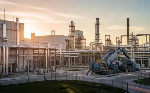 Moderne Industrieanlage zur Verarbeitung seltener Erden bei Sonnenuntergang in Louisiana. - Foto: über boerse-global.de