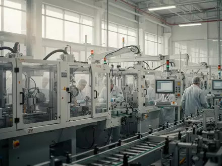 Moderne Produktionshalle in den USA mit automatisierten Anlagen und Mitarbeitern bei der Arbeit. - Foto: über boerse-global.de
