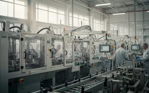 Moderne Produktionshalle in den USA mit automatisierten Anlagen und Mitarbeitern bei der Arbeit. - Foto: über boerse-global.de