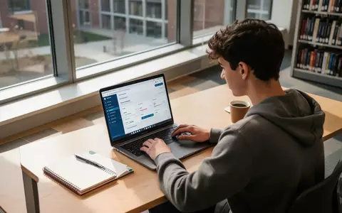 Ein Student nutzt einen Laptop in einer modernen Universitätsbibliothek, um Finanzangelegenheiten zu erledigen. - Foto: über boerse-global.de