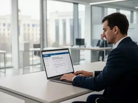 Eine Person nutzt einen Laptop in einem modernen Bürogebäude zur Erledigung digitaler Behördengänge. - Foto: über boerse-global.de