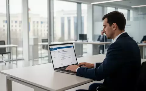 Eine Person nutzt einen Laptop in einem modernen Bürogebäude zur Erledigung digitaler Behördengänge. - Foto: über boerse-global.de