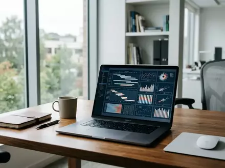 Ein Laptop auf einem Schreibtisch zeigt eine klinische Studienplattform in einer modernen Büroumgebung. - Foto: über boerse-global.de