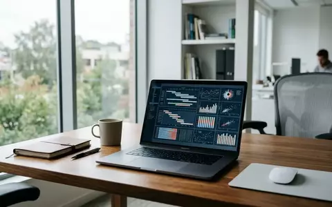 Ein Laptop auf einem Schreibtisch zeigt eine klinische Studienplattform in einer modernen Büroumgebung. - Foto: über boerse-global.de