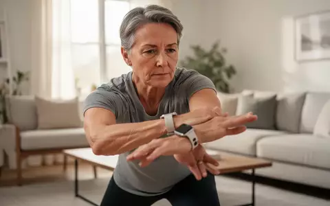 Eine Person mittleren Alters trägt eine Smartwatch und führt achtsame Dehnübungen in einem hellen Wohnzimmer aus. - Foto: über boerse-global.de