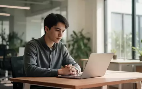 Ein junger Berufseinsteiger sitzt nachdenklich an einem Schreibtisch in einem modernen Büro vor einem Laptop. - Foto: über boerse-global.de