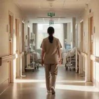 Eine Pflegekraft in einem hellen, modernen Hospizflur, aufgenommen aus der Perspektive eines Beobachters. - Foto: über boerse-global.de