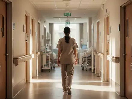Eine Pflegekraft in einem hellen, modernen Hospizflur, aufgenommen aus der Perspektive eines Beobachters. - Foto: über boerse-global.de