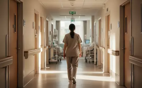 Eine Pflegekraft in einem hellen, modernen Hospizflur, aufgenommen aus der Perspektive eines Beobachters. - Foto: über boerse-global.de
