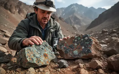 Geologe untersucht mineralreiche Gesteinsproben in einer sonnendurchfluteten Berglandschaft. - Foto: über boerse-global.de