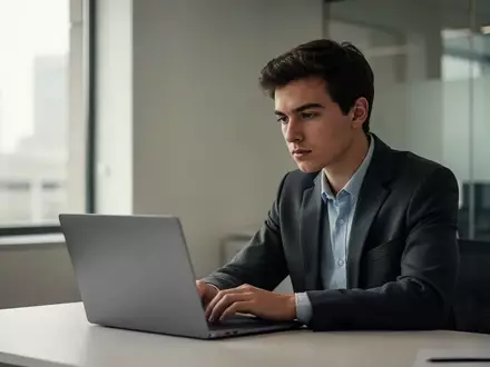 Ein junger Berufseinsteiger sitzt an einem Schreibtisch in einem modernen Büro und arbeitet an einem Laptop. - Foto: über boerse-global.de