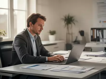 Ein Büroangestellter arbeitet an einem modernen Schreibtisch in einem hellen, professionell eingerichteten Büro. - Foto: über boerse-global.de