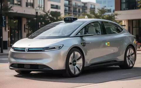 Ein futuristisches, lenkradloses Cybercab-Robotaxi parkt an einer modernen Straße in Austin, Texas. - Foto: über boerse-global.de