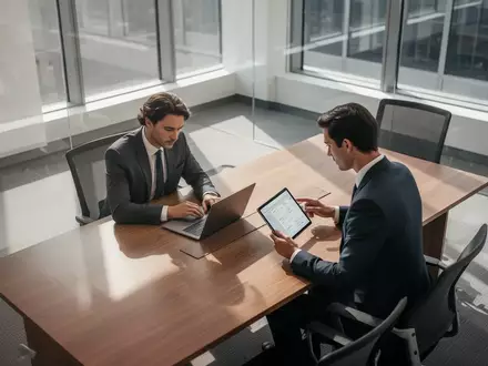 Ein professioneller Mitarbeiter in einem modernen Büro sitzt an einem Konferenztisch und arbeitet konzentriert an digitalen Geräten. - Foto: über boerse-global.de