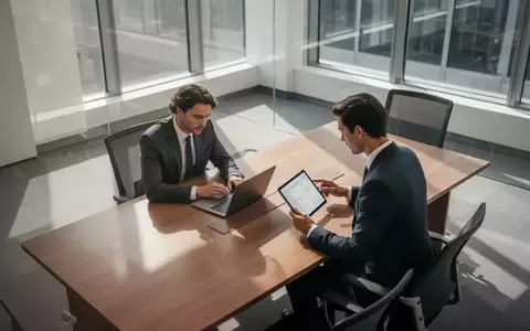 Ein professioneller Mitarbeiter in einem modernen Büro sitzt an einem Konferenztisch und arbeitet konzentriert an digitalen Geräten. - Foto: über boerse-global.de